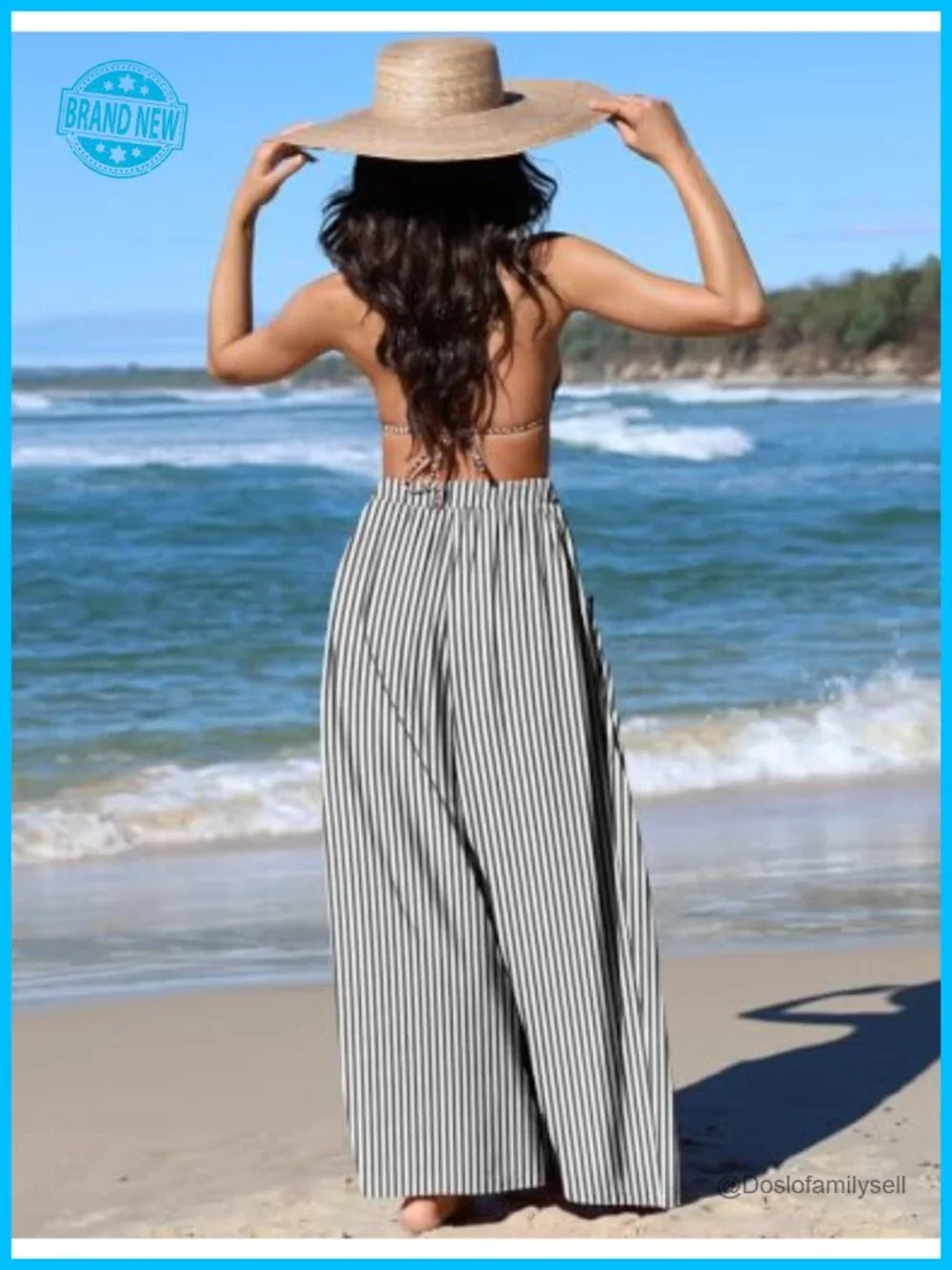 Wide Leg Linen Blend Palazzo Pants with Side Pockets - Picture 4 of 5